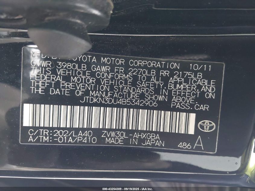 2011 Toyota Prius Five VIN: JTDKN3DU4B5342906 Lot: 43254389