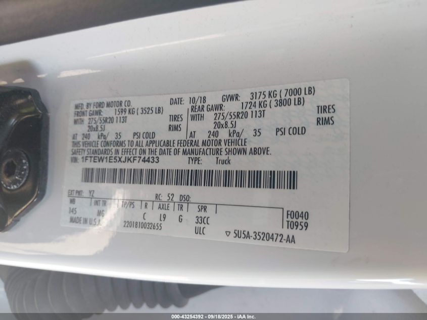2018 Ford F-150 Xlt VIN: 1FTEW1E5XJKF74433 Lot: 43254392