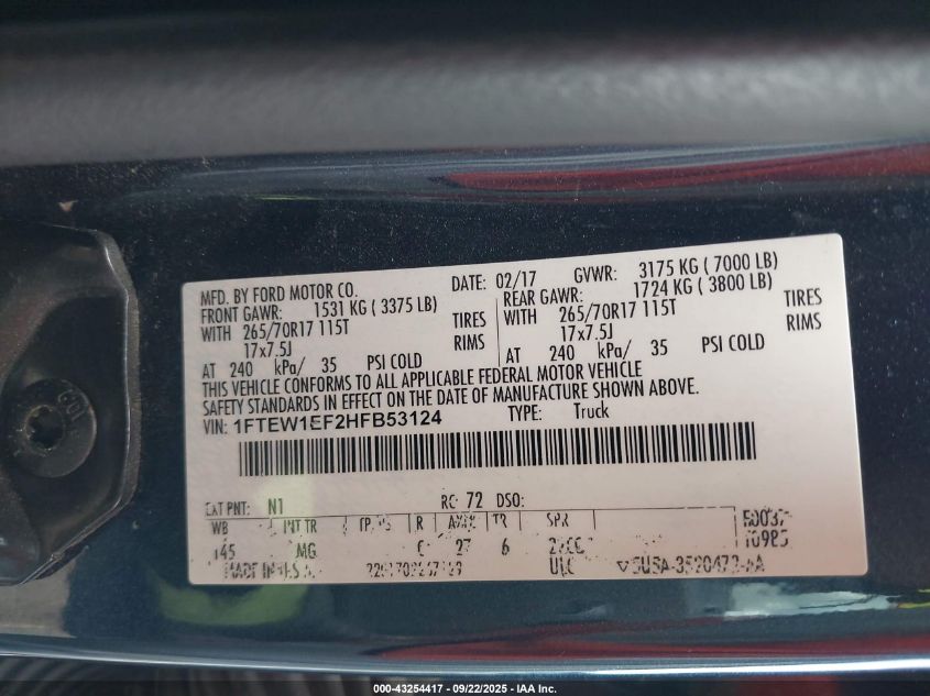 2017 Ford F-150 Xlt VIN: 1FTEW1EF2HFB53124 Lot: 43254417