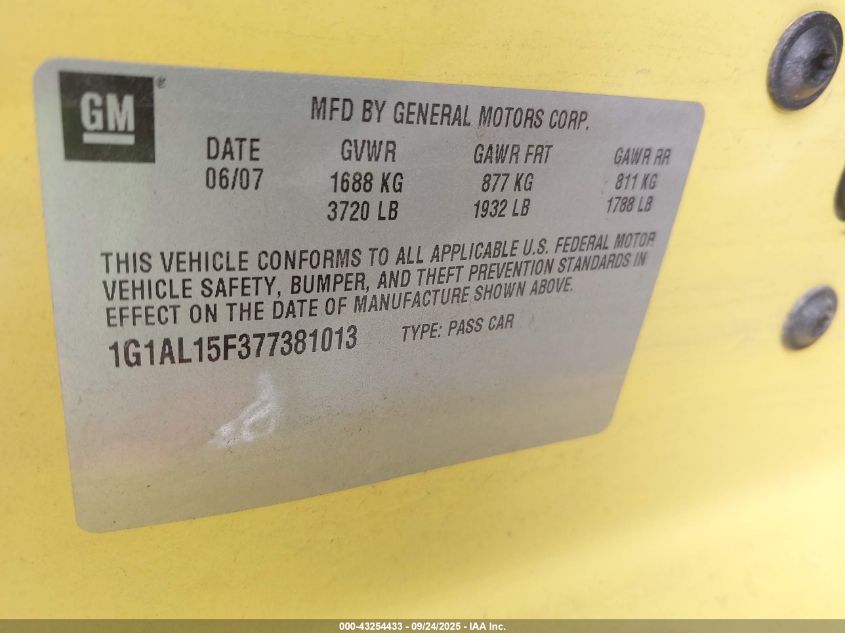 2007 Chevrolet Cobalt Lt VIN: 1G1AL15F377381013 Lot: 43254433