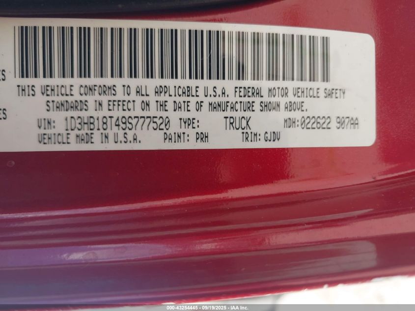 2009 Dodge Ram 1500 Laramie VIN: 1D3HB18T49S777520 Lot: 43254445