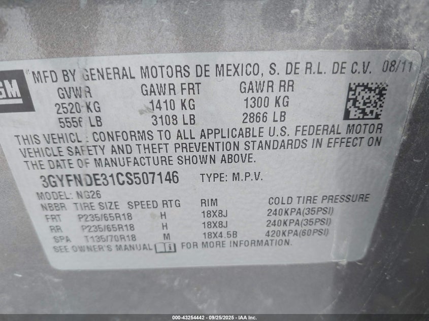 2012 Cadillac Srx Luxury Collection VIN: 3GYFNDE31CS507146 Lot: 43254442