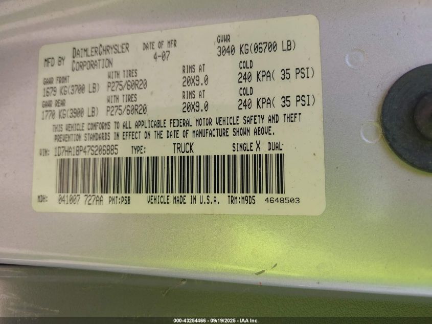 2007 Dodge Ram 1500 Slt VIN: 1D7HA18P47S206885 Lot: 43254466