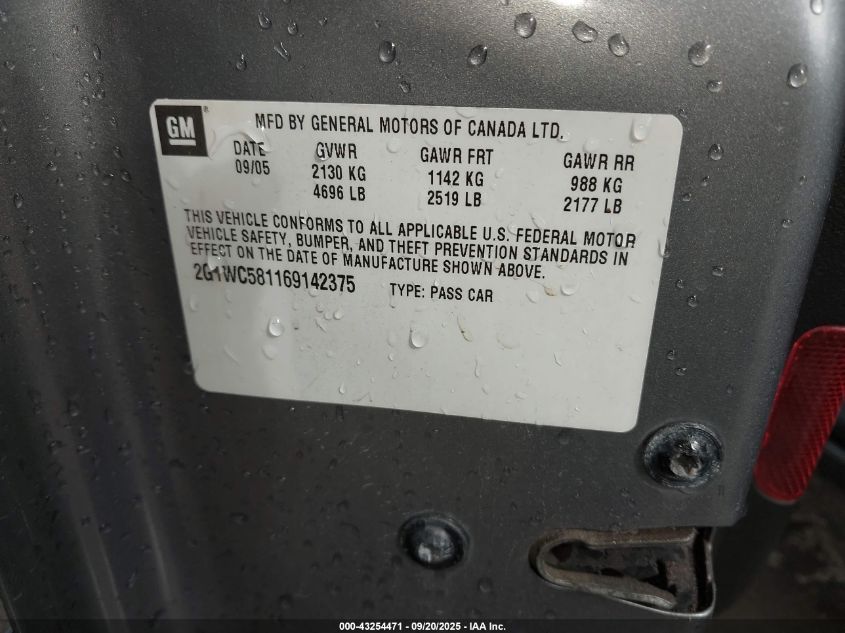 2006 Chevrolet Impala Lt VIN: 2G1WC581169142375 Lot: 43254471