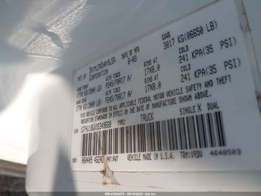 2003 Dodge Ram 1500 Slt/Laramie/St VIN: 1D7HU18DX3S349668 Lot: 43254476