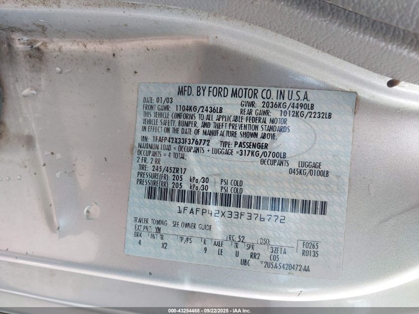 2003 Ford Mustang Gt VIN: 1FAFP42X33F376772 Lot: 43254488