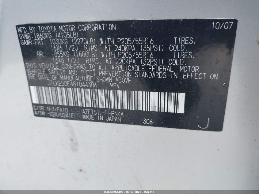 2008 Scion Xb VIN: JTLKE50E481044306 Lot: 43254490