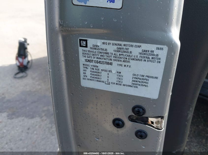 2005 Chevrolet Trailblazer Lt VIN: 1GNDT13S452378840 Lot: 43254492