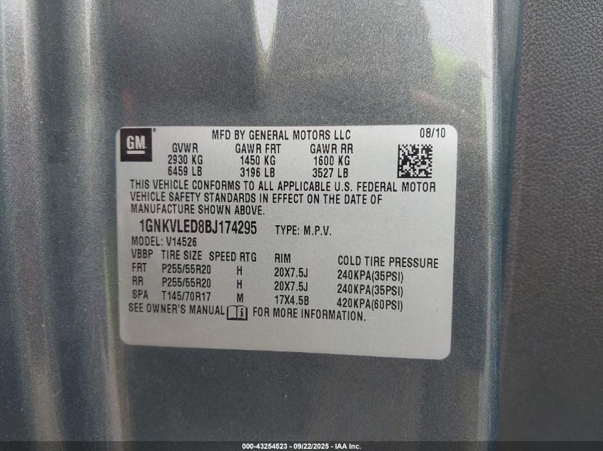 2011 Chevrolet Traverse Ltz VIN: 1GNKVLED8BJ174295 Lot: 43254523