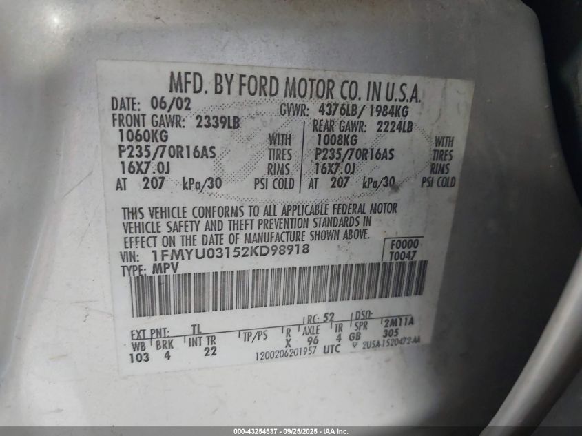 2002 Ford Escape Xlt VIN: 1FMYU03152KD98918 Lot: 43254537