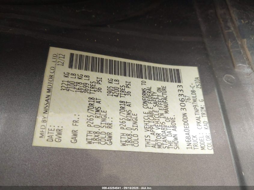 2013 Nissan Titan Sv VIN: 1N6BA0ED0DN306333 Lot: 43254541