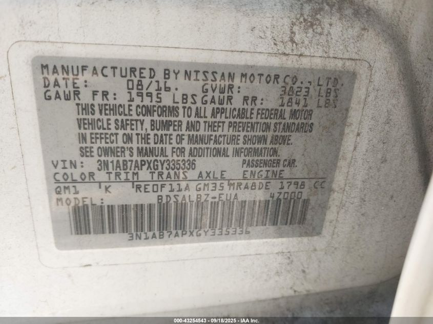 2016 Nissan Sentra S VIN: 3N1AB7APXGY335336 Lot: 43254543