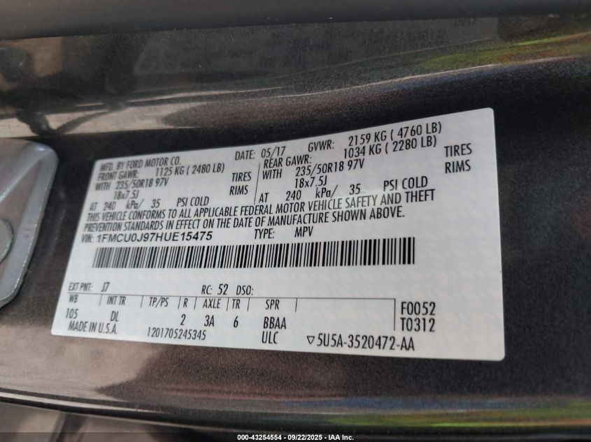 2017 Ford Escape Titanium VIN: 1FMCU0J97HUE15475 Lot: 43254554