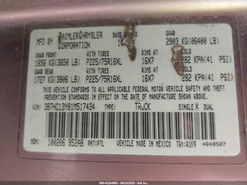 2001 Dodge Ram 1500 St VIN: 3B7HC13Y81M517434 Lot: 43254565