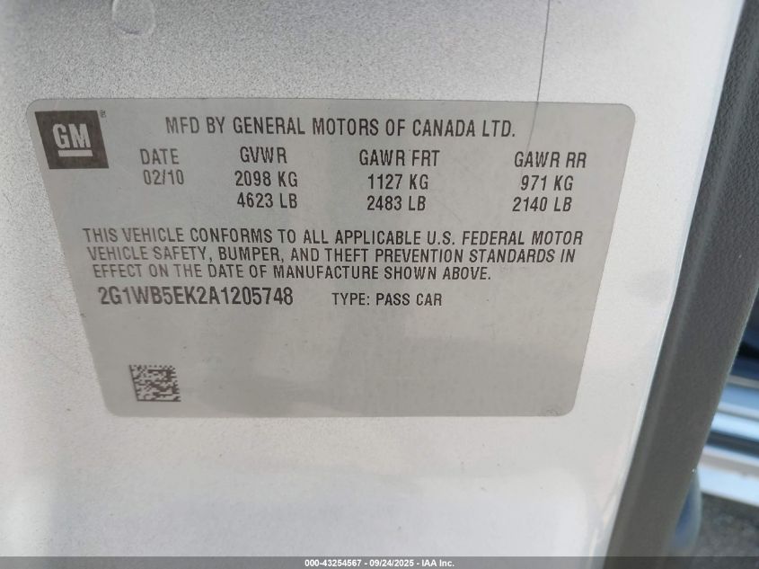 2010 Chevrolet Impala Lt VIN: 2G1WB5EK2A1205748 Lot: 43254567