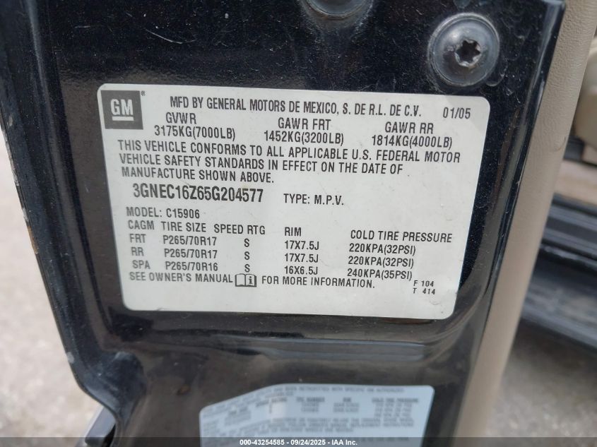 2005 Chevrolet Suburban 1500 Lt VIN: 3GNEC16Z65G204577 Lot: 43254585