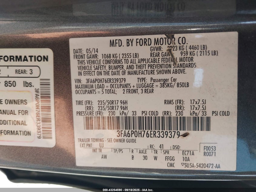 2014 Ford Fusion Se VIN: 3FA6P0H76ER339379 Lot: 43254590