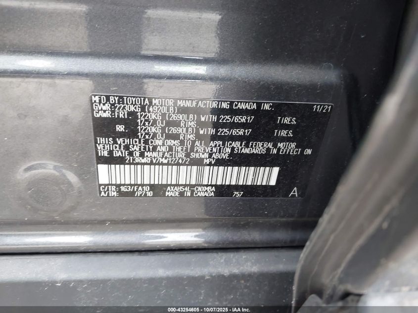 2021 Toyota Rav4 Hybrid Xle VIN: 2T3RWRFV7MW127472 Lot: 43254605