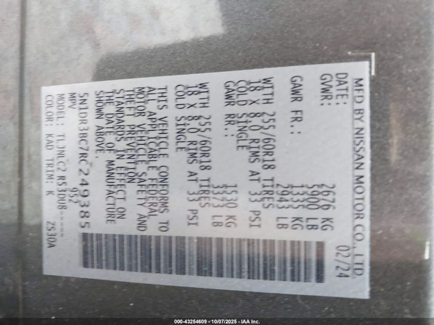 2024 Nissan Pathfinder Sv 4Wd VIN: 5N1DR3BC7RC249385 Lot: 43254609