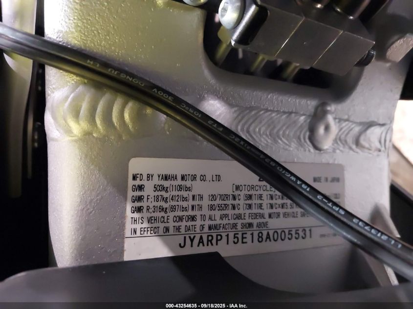 2008 Yamaha Fjr1300 A VIN: JYARP15E18A005531 Lot: 43254635