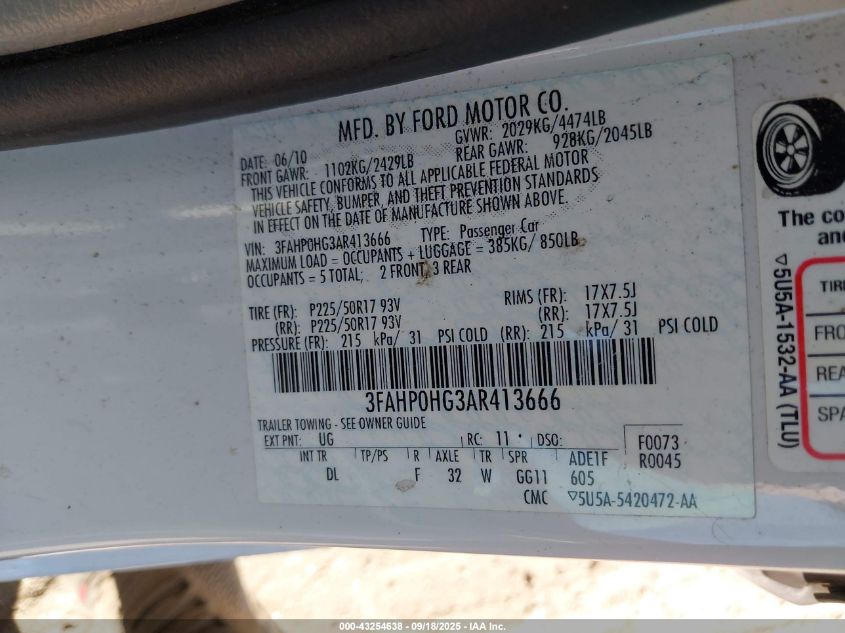 2010 Ford Fusion Se VIN: 3FAHP0HG3AR413666 Lot: 43254638