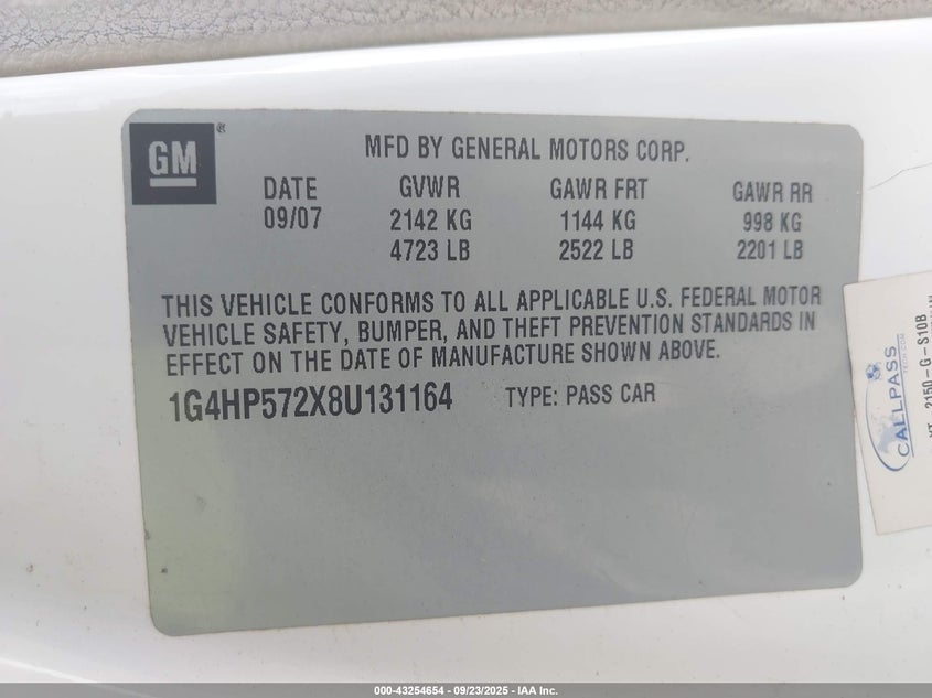 2008 Buick Lucerne Cx VIN: 1G4HP572X8U131164 Lot: 43254654