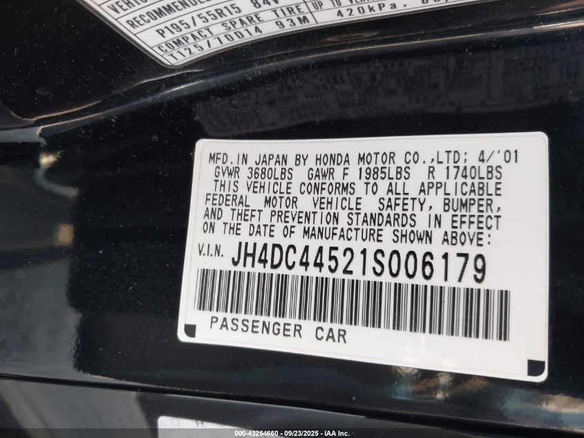 2001 Acura Integra Ls VIN: JH4DC44521S006179 Lot: 43254660