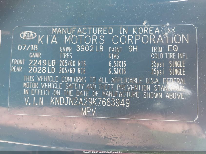 2019 Kia Soul VIN: KNDJN2A29K7663949 Lot: 43254663
