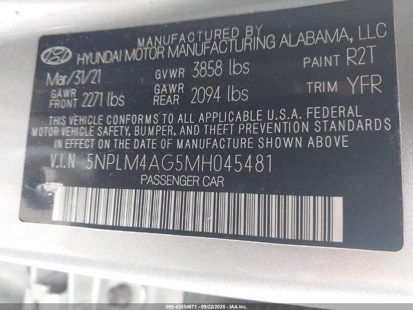 2021 Hyundai Elantra Sel VIN: 5NPLM4AG5MH045481 Lot: 43254671