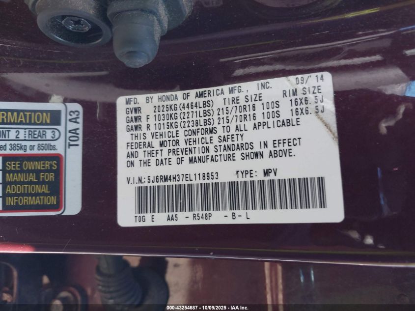 2014 Honda Cr-V Lx VIN: 5J6RM4H37EL118953 Lot: 43254687