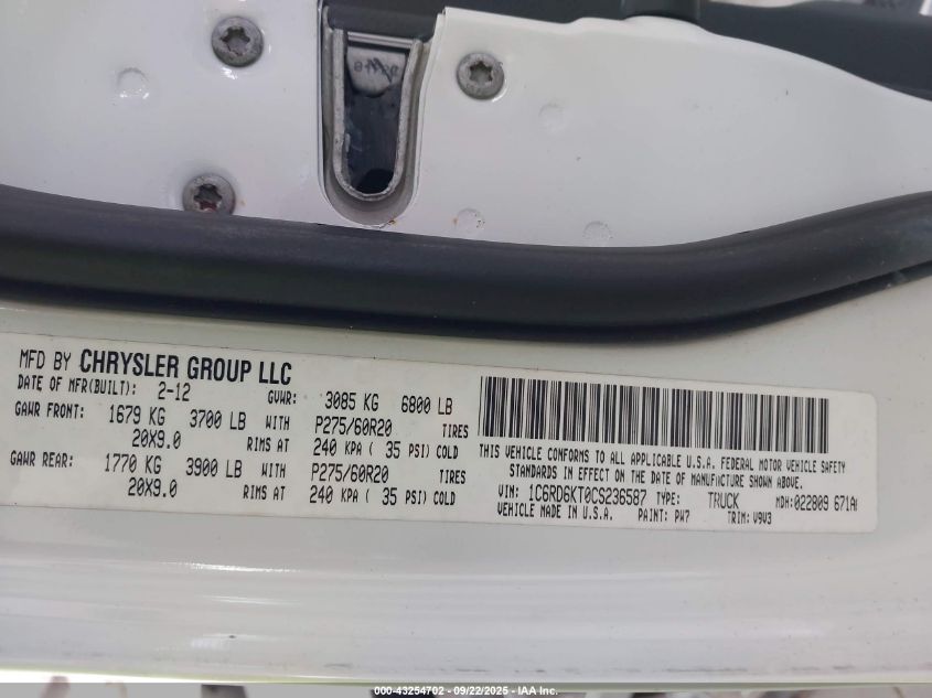 2012 Ram 1500 St VIN: 1C6RD6KT0CS236587 Lot: 43254702