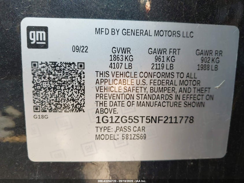 2022 Chevrolet Malibu Fwd Rs VIN: 1G1ZG5ST5NF211778 Lot: 43254720