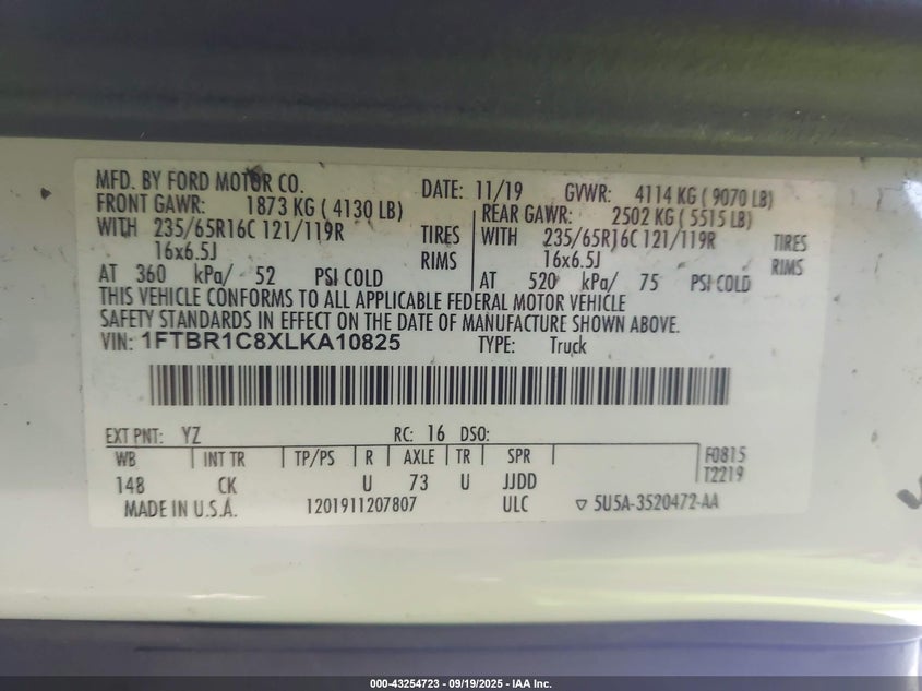 2020 Ford Transit VIN: 1FTBR1C8XLKA10825 Lot: 43254723