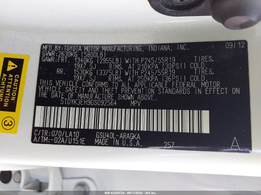 2013 Toyota Highlander Limited V6 VIN: 5TDYK3EH9DS092564 Lot: 43254724