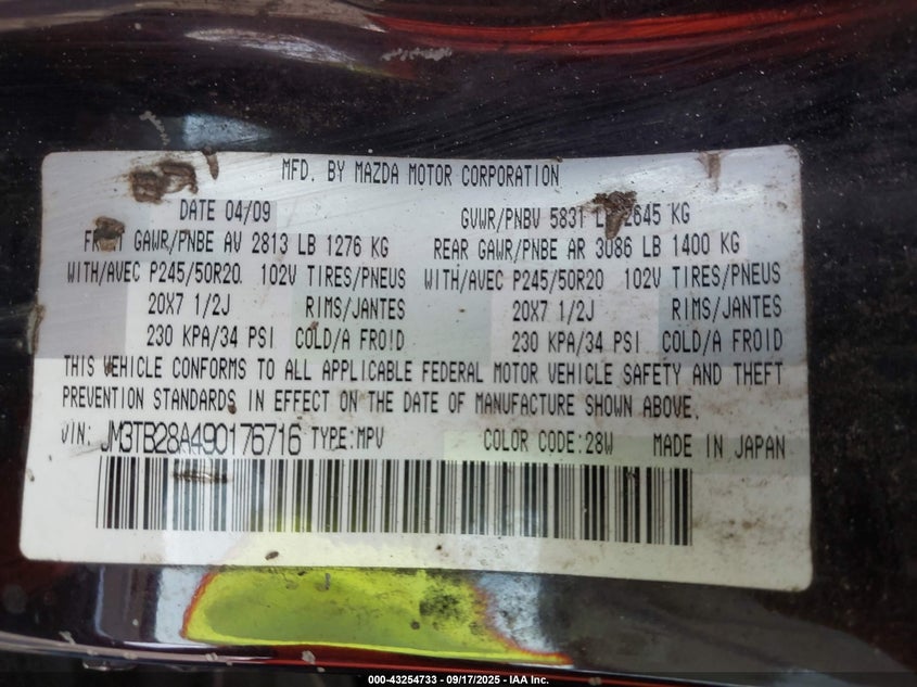 2009 Mazda Cx-9 Grand Touring VIN: JM3TB28A490176716 Lot: 43254733