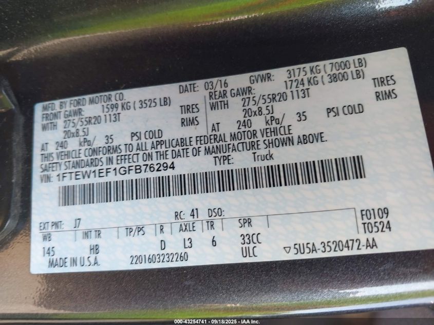 2016 Ford F-150 Lariat VIN: 1FTEW1EF1GFB76294 Lot: 43254741