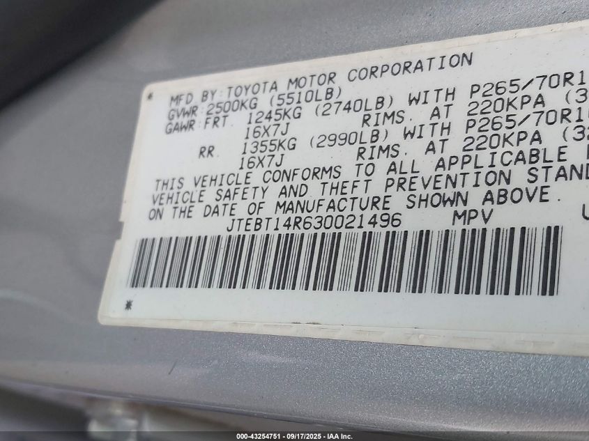 2003 Toyota 4Runner Sr5 Sport V8 VIN: JTEBT14R630021496 Lot: 43254751