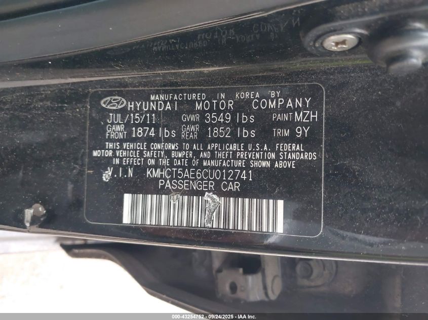 2012 Hyundai Accent Gs VIN: KMHCT5AE6CU012741 Lot: 43254752