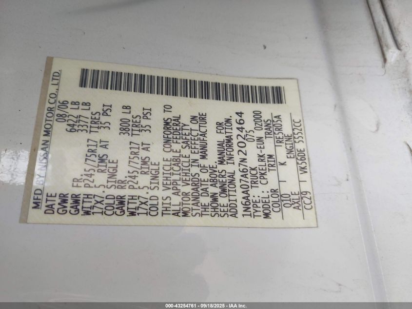 2007 Nissan Titan Xe VIN: 1N6AA07A67N202464 Lot: 43254761