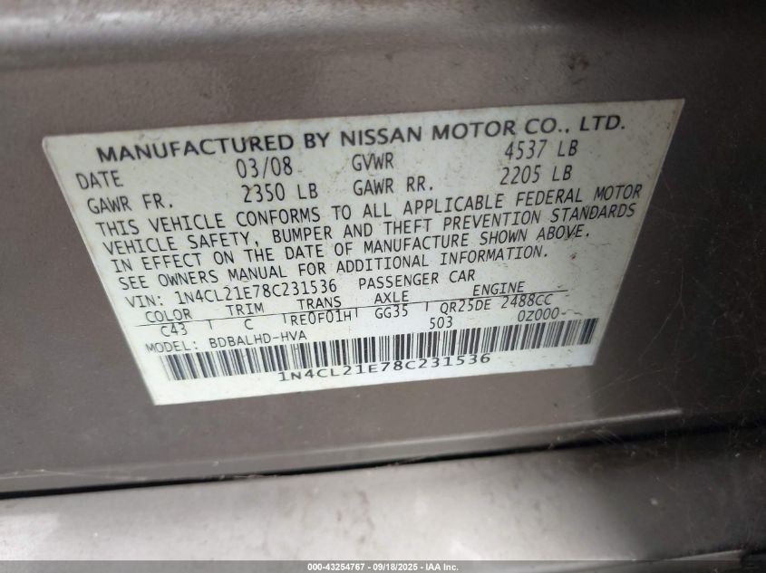 2008 Nissan Altima Hybrid VIN: 1N4CL21E78C231536 Lot: 43254767