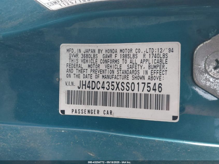 1995 Acura Integra Ls VIN: JH4DC435XSS017546 Lot: 43254772