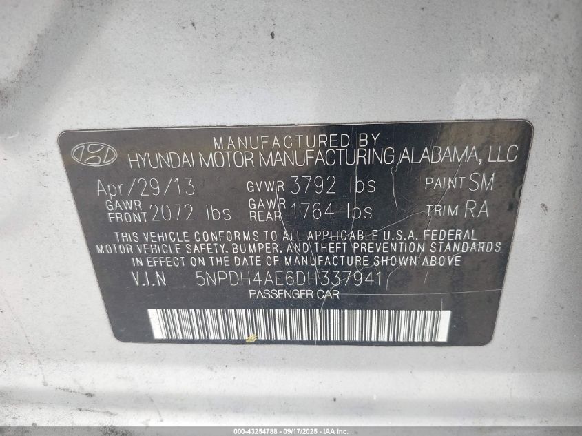 2013 Hyundai Elantra Gls VIN: 5NPDH4AE6DH337941 Lot: 43254788