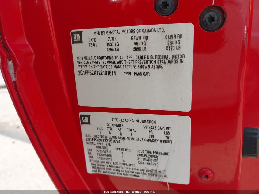 2002 Chevrolet Camaro VIN: 2G1FP32K122101614 Lot: 43254805