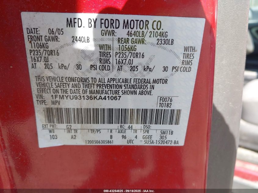 2006 Ford Escape Xlt/Xlt Sport VIN: 1FMYU93136KA41067 Lot: 43254825