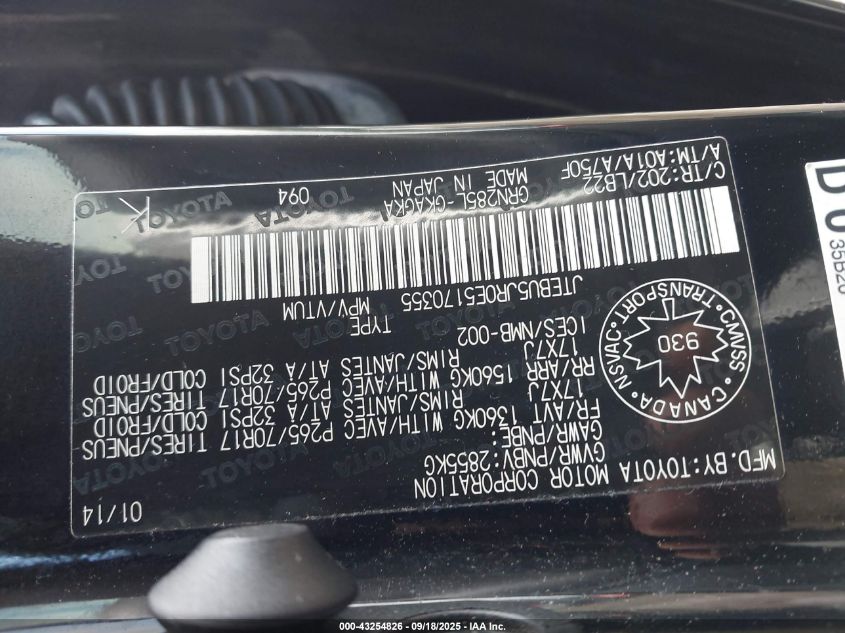 2014 Toyota 4Runner Sr5 V6 VIN: JTEBU5JR0E5170355 Lot: 43254826