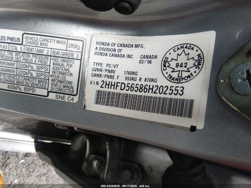 2006 Acura Csx Touring VIN: 2HHFD56586H202553 Lot: 43254836
