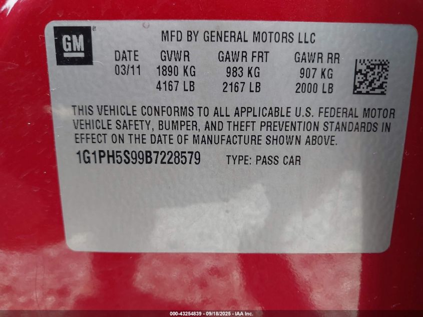 2011 Chevrolet Cruze Ltz VIN: 1G1PH5S99B7228579 Lot: 43254839