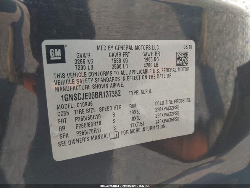 2011 Chevrolet Suburban 1500 Lt1 VIN: 1GNSCJE06BR137352 Lot: 43254844