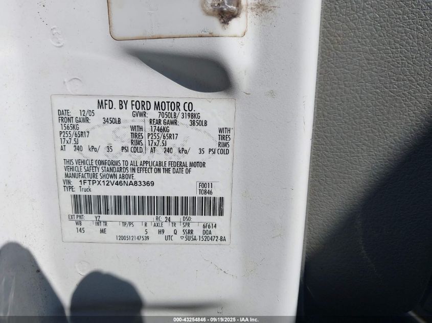 2006 Ford F-150 Lariat/Xl/Xlt VIN: 1FTPX12V46NA83369 Lot: 43254846