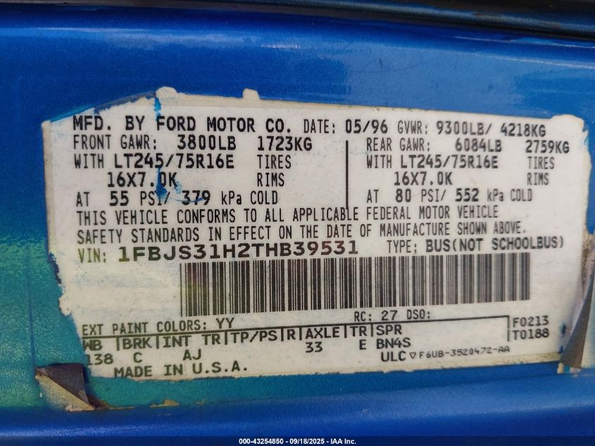 1996 Ford Econoline E350 Super Duty VIN: 1FBJS31H2THB39531 Lot: 43254850